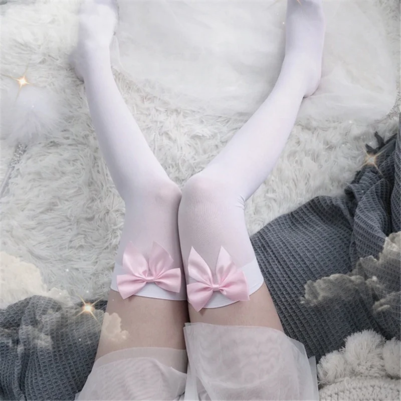 Thigh High Sock Stay Up - Seksowne damskie pończochy Różowa kokardka Stay